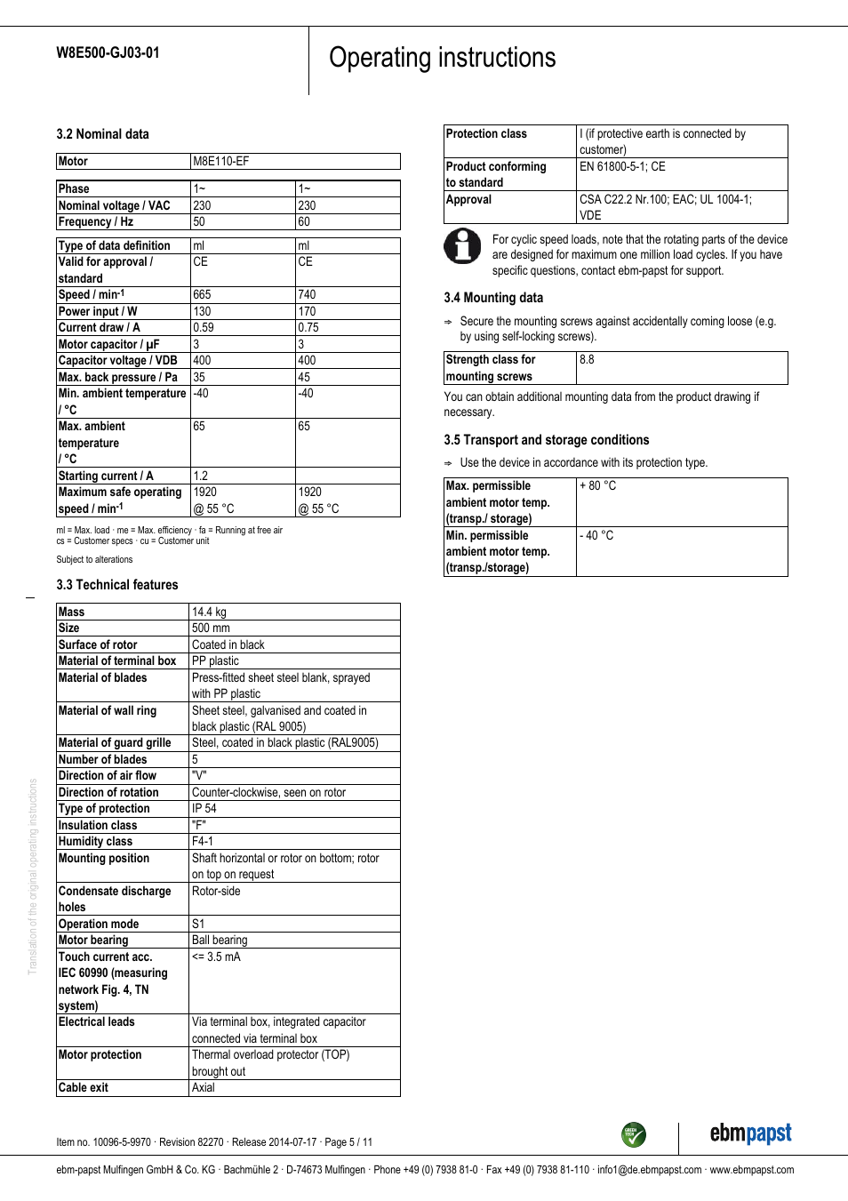 Operating instructions | ebm-papst W8E500-GJ03-01 User Manual | Page 5 / 11