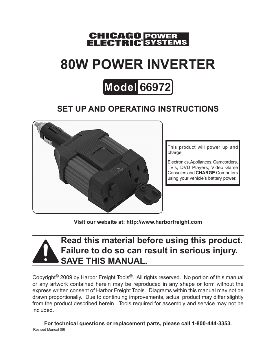 Chicago Electric 80w pOwER iNVERTER 66972 User Manual | 8 pages