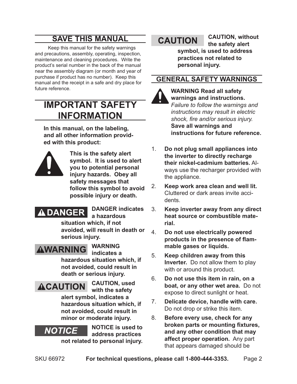 Important safety information, Save this manual | Chicago Electric 80w pOwER iNVERTER 66972 User Manual | Page 2 / 8