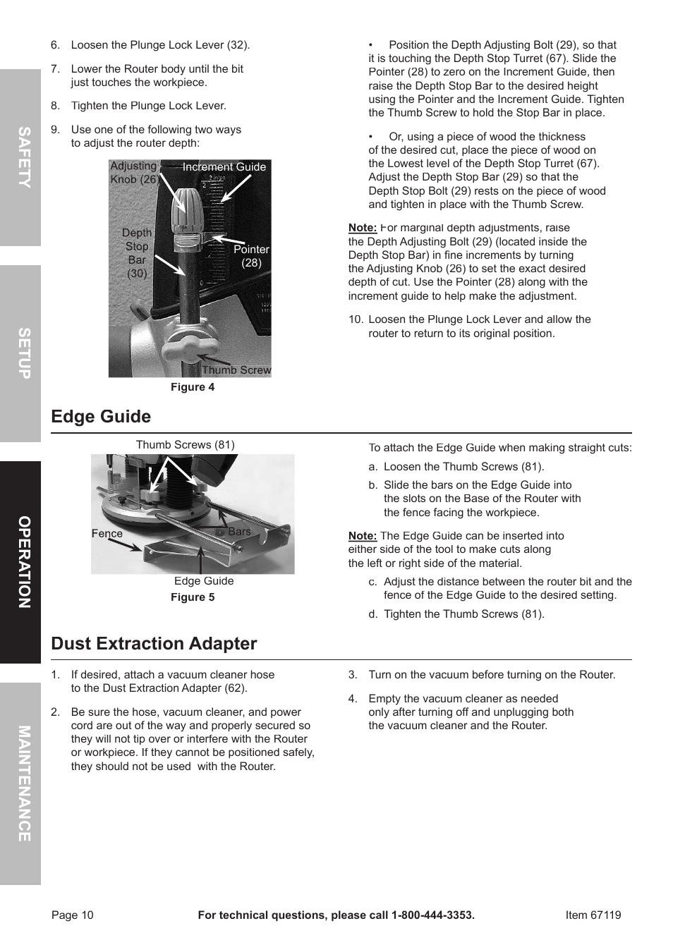 Edge guide, Dust extraction adapter, Safet y o pera tion m aintenan c e setup | Chicago Electric 67119 User Manual | Page 10 / 16