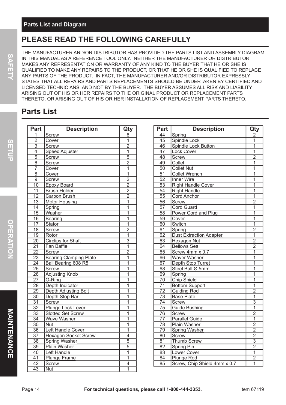 Parts list, Safet y o pera tion m aintenan c e setup | Chicago Electric 67119 User Manual | Page 14 / 16