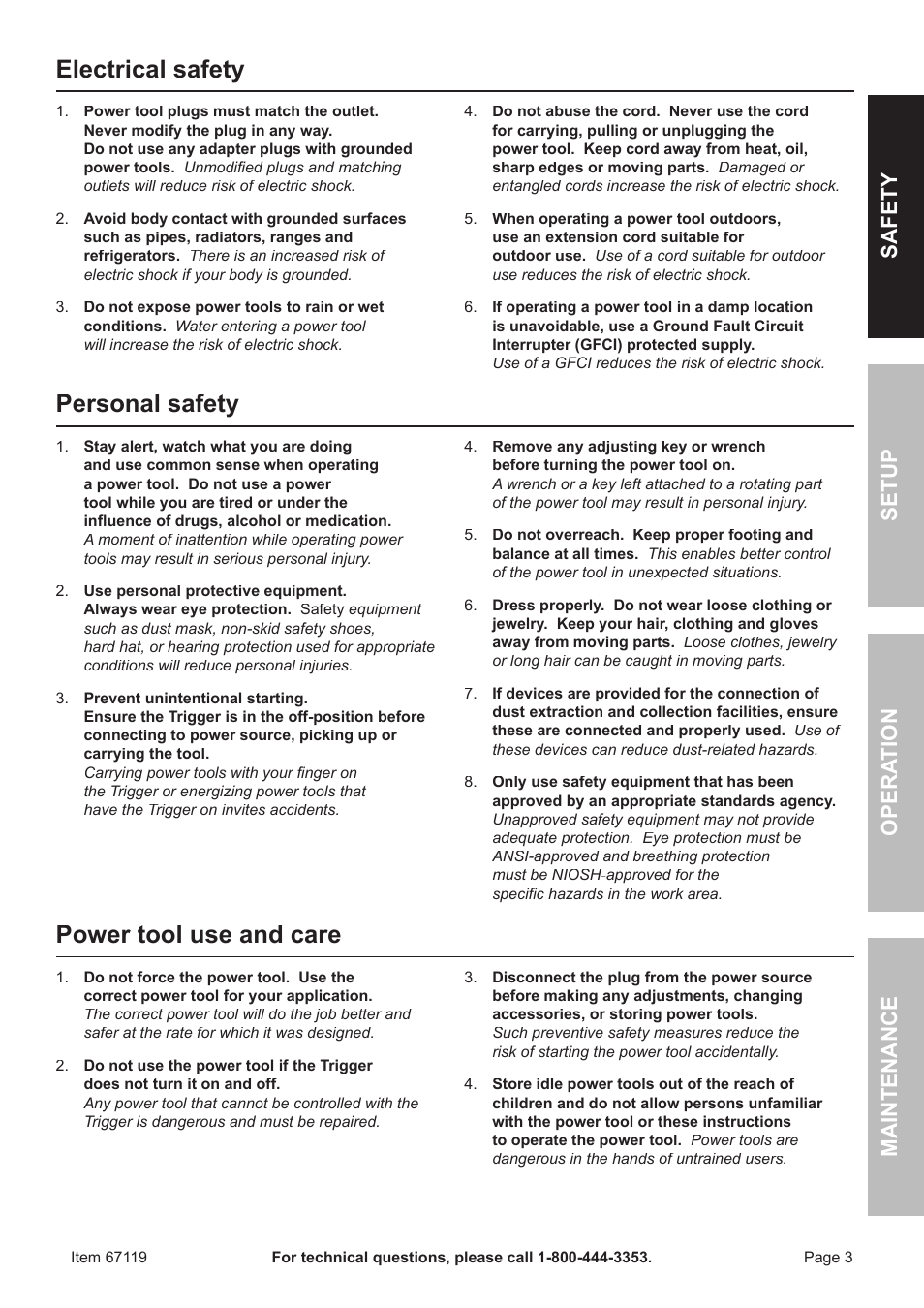 Electrical safety, Personal safety, Power tool use and care | Safet y o pera tion m aintenan c e setup | Chicago Electric 67119 User Manual | Page 3 / 16