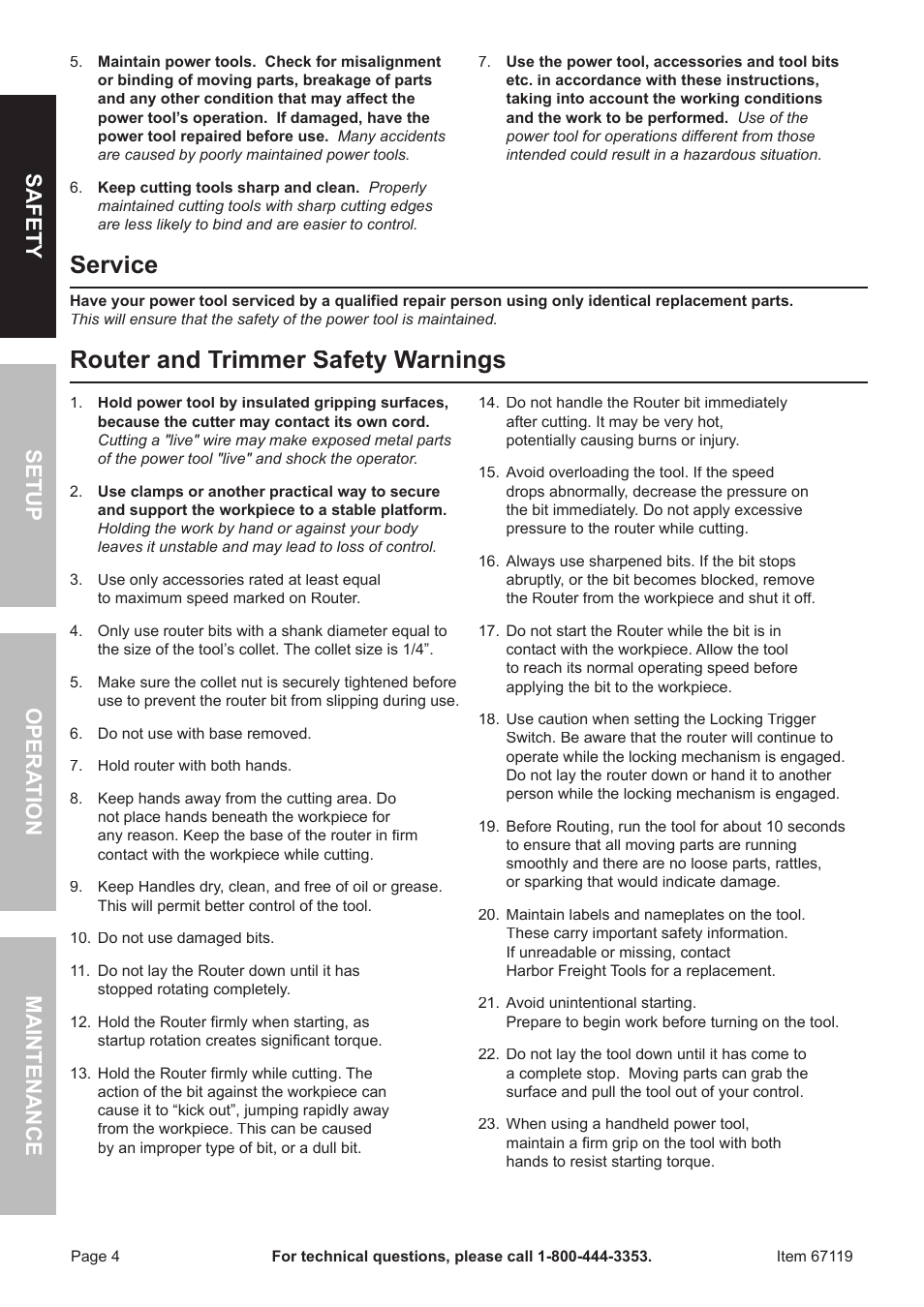 Service, Router and trimmer safety warnings, Safet y o pera tion m aintenan c e setup | Chicago Electric 67119 User Manual | Page 4 / 16