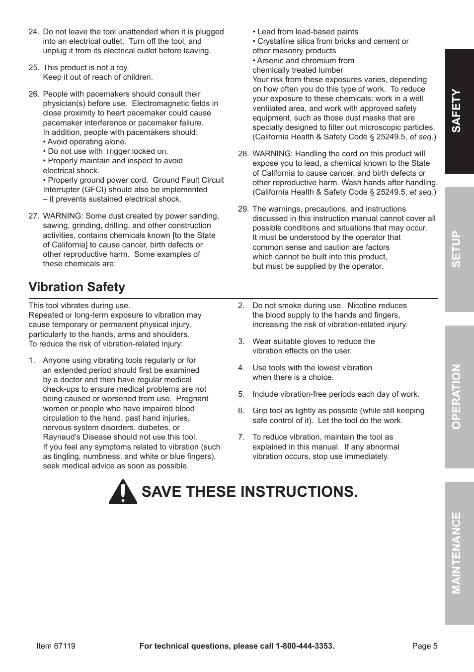 Save these instructions, Vibration safety, Safet y o pera tion m aintenan c e setup | Chicago Electric 67119 User Manual | Page 5 / 16