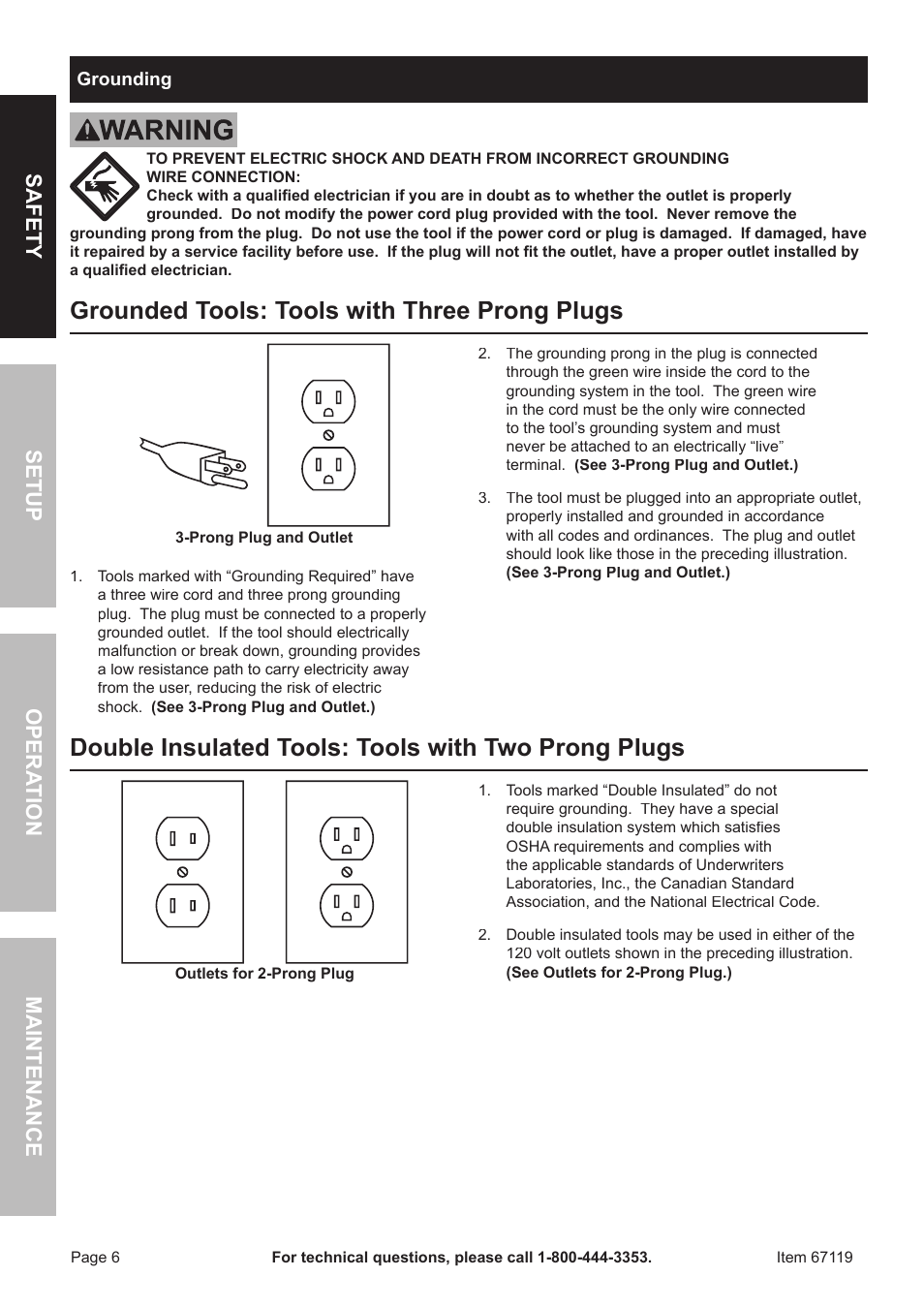 Grounded tools: tools with three prong plugs, Double insulated tools: tools with two prong plugs, Safet y o pera tion m aintenan c e setup | Chicago Electric 67119 User Manual | Page 6 / 16