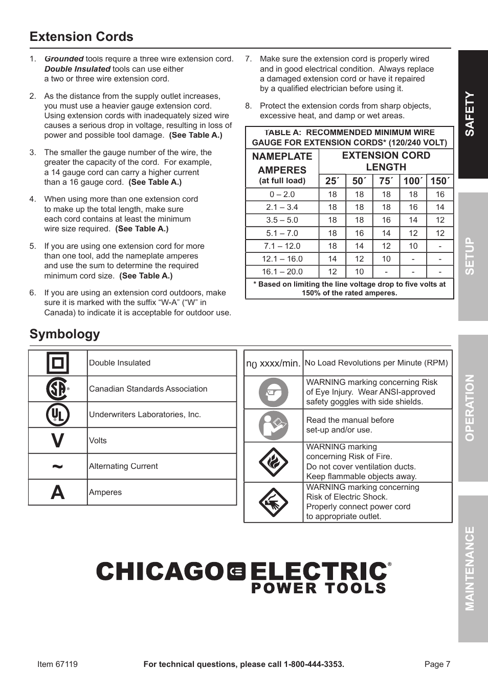 Extension cords, Symbology, Safet y o pera tion m aintenan c e setup | Chicago Electric 67119 User Manual | Page 7 / 16