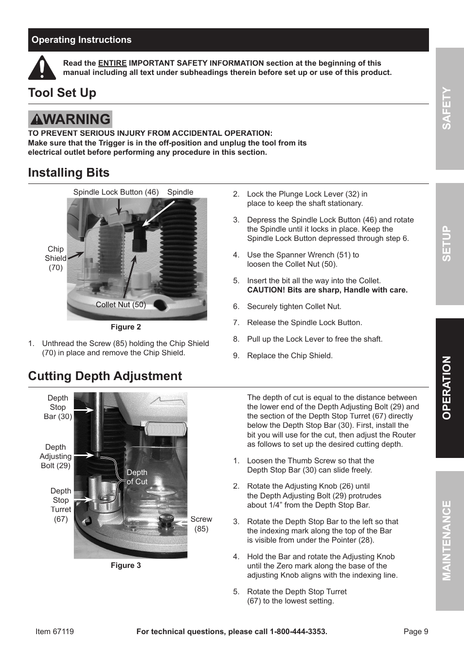 Tool set up, Installing bits, Cutting depth adjustment | Safet y o pera tion m aintenan c e setup | Chicago Electric 67119 User Manual | Page 9 / 16