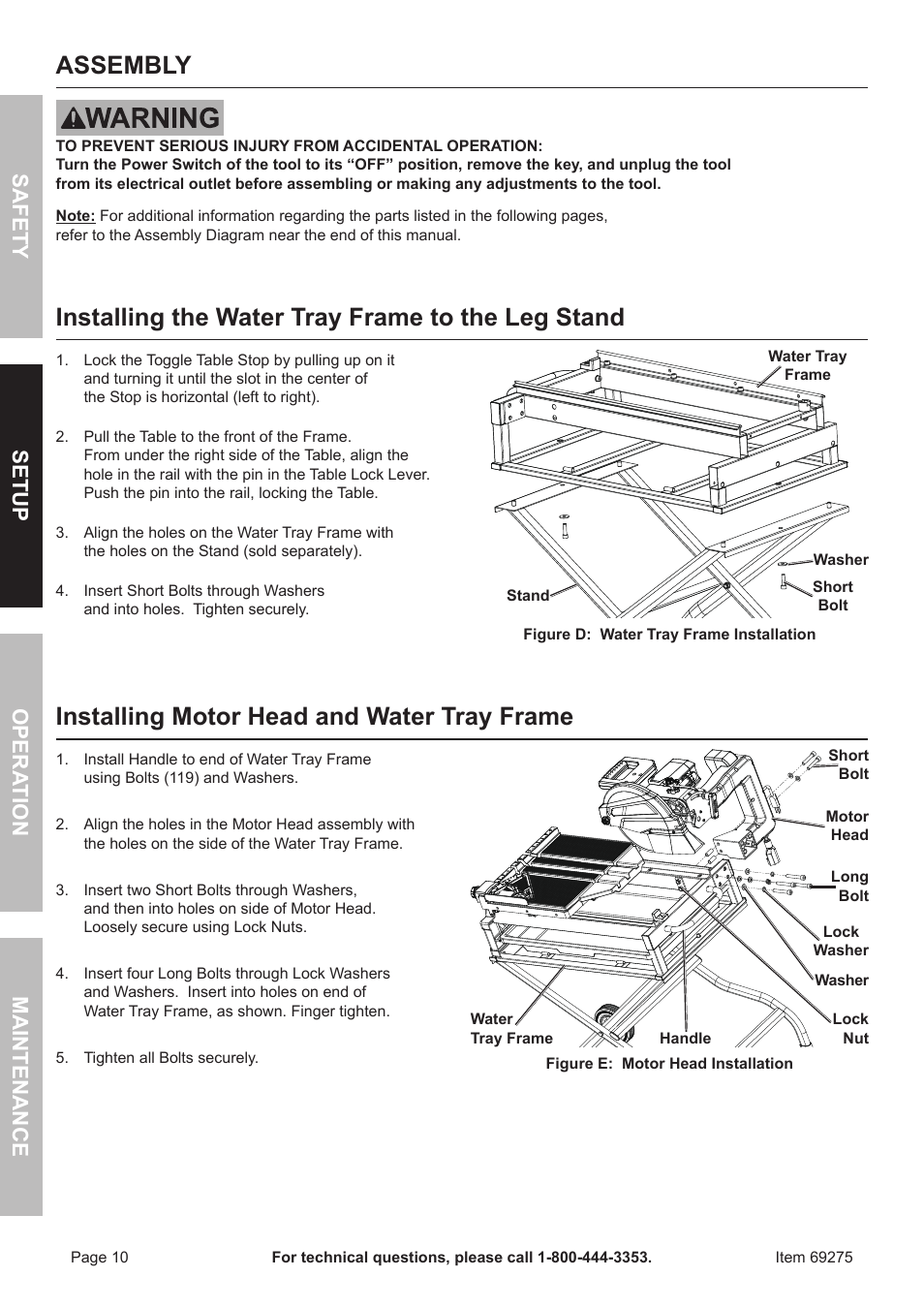 Assembly, Installing the water tray frame to the leg stand, Installing motor head and water tray frame | Safety opera tion maintenance setup | Chicago Electric 10" Industrial Tile/Brick Saw 69275 User Manual | Page 10 / 20