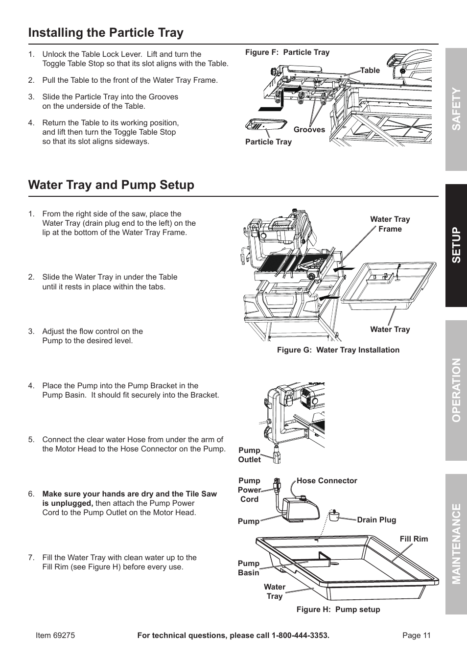 Installing the particle tray, Water tray and pump setup, Safety opera tion maintenance setup | Chicago Electric 10" Industrial Tile/Brick Saw 69275 User Manual | Page 11 / 20