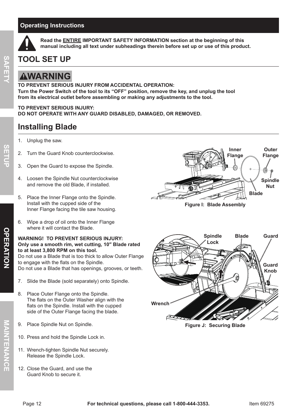 Tool set up, Installing blade, Safety opera tion maintenance setup | Chicago Electric 10" Industrial Tile/Brick Saw 69275 User Manual | Page 12 / 20