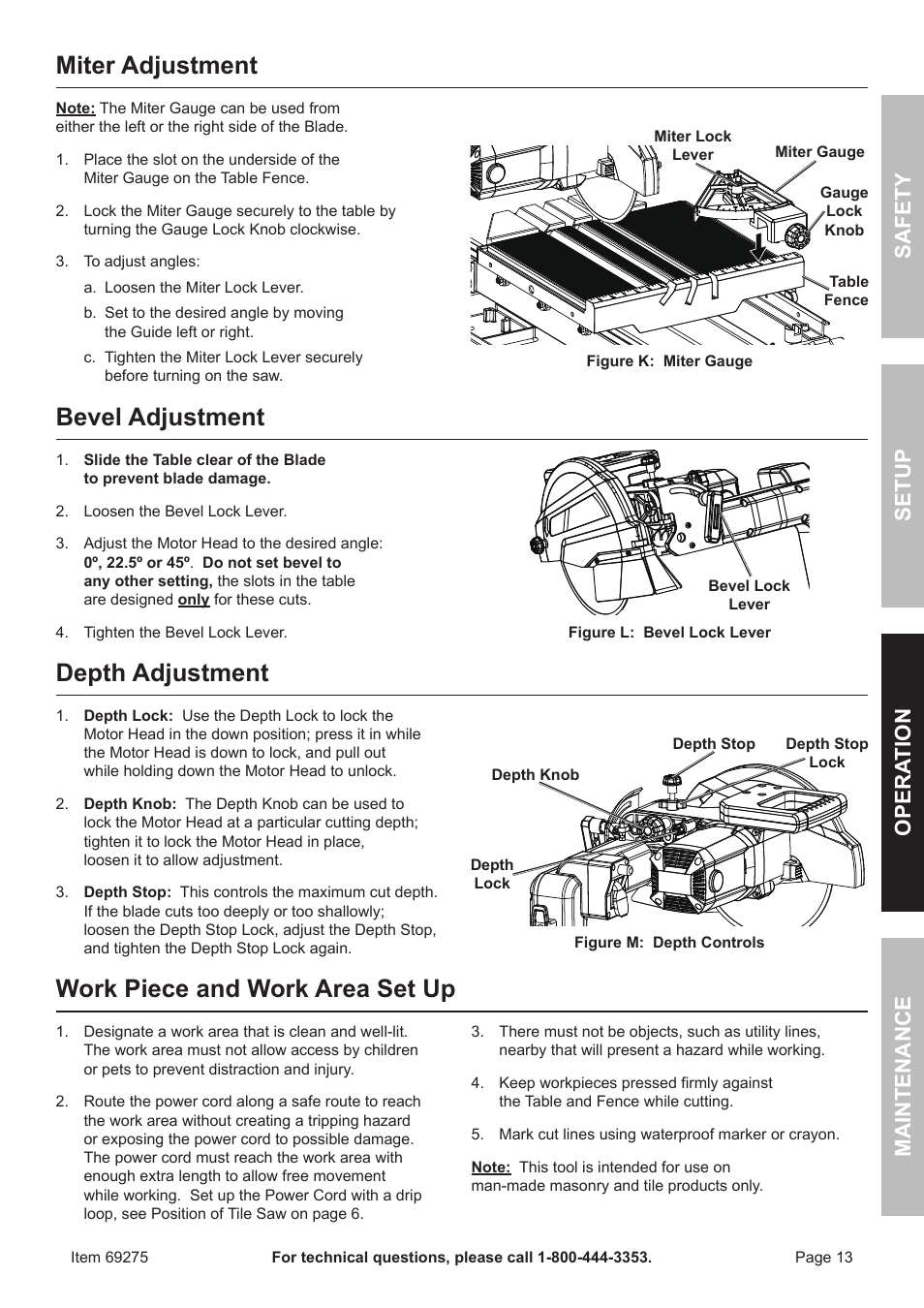 Miter adjustment, Bevel adjustment, Depth adjustment | Work piece and work area set up, Safety opera tion maintenance setup | Chicago Electric 10" Industrial Tile/Brick Saw 69275 User Manual | Page 13 / 20