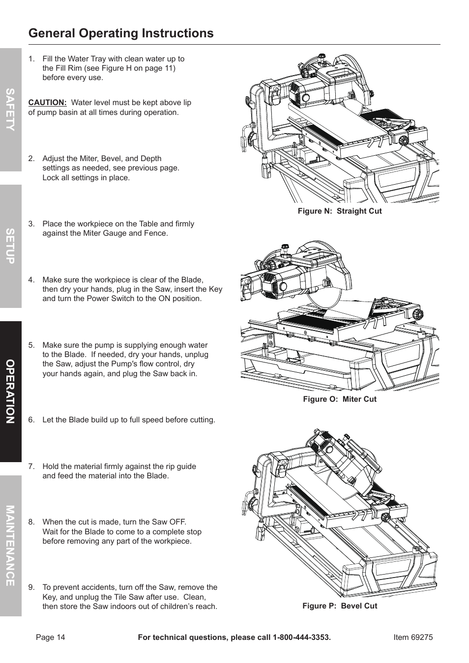 General operating instructions, Safety opera tion maintenance setup | Chicago Electric 10" Industrial Tile/Brick Saw 69275 User Manual | Page 14 / 20