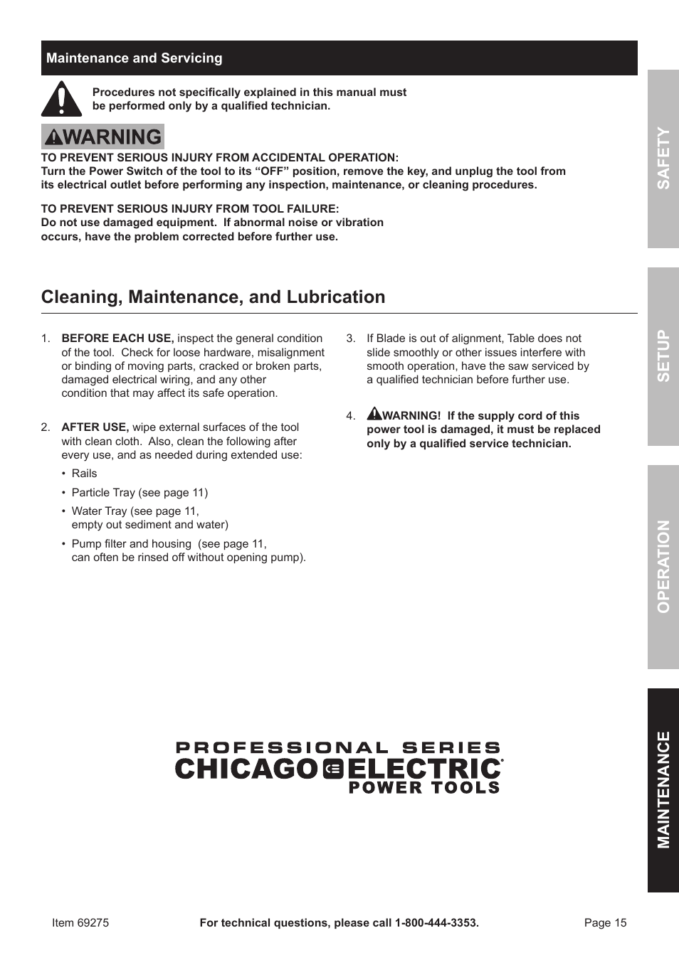 Cleaning, maintenance, and lubrication, Safety opera tion maintenance setup | Chicago Electric 10" Industrial Tile/Brick Saw 69275 User Manual | Page 15 / 20