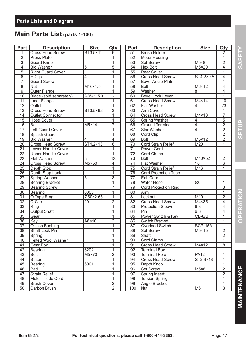 Main parts list, Safety opera tion maintenance setup | Chicago Electric 10" Industrial Tile/Brick Saw 69275 User Manual | Page 17 / 20