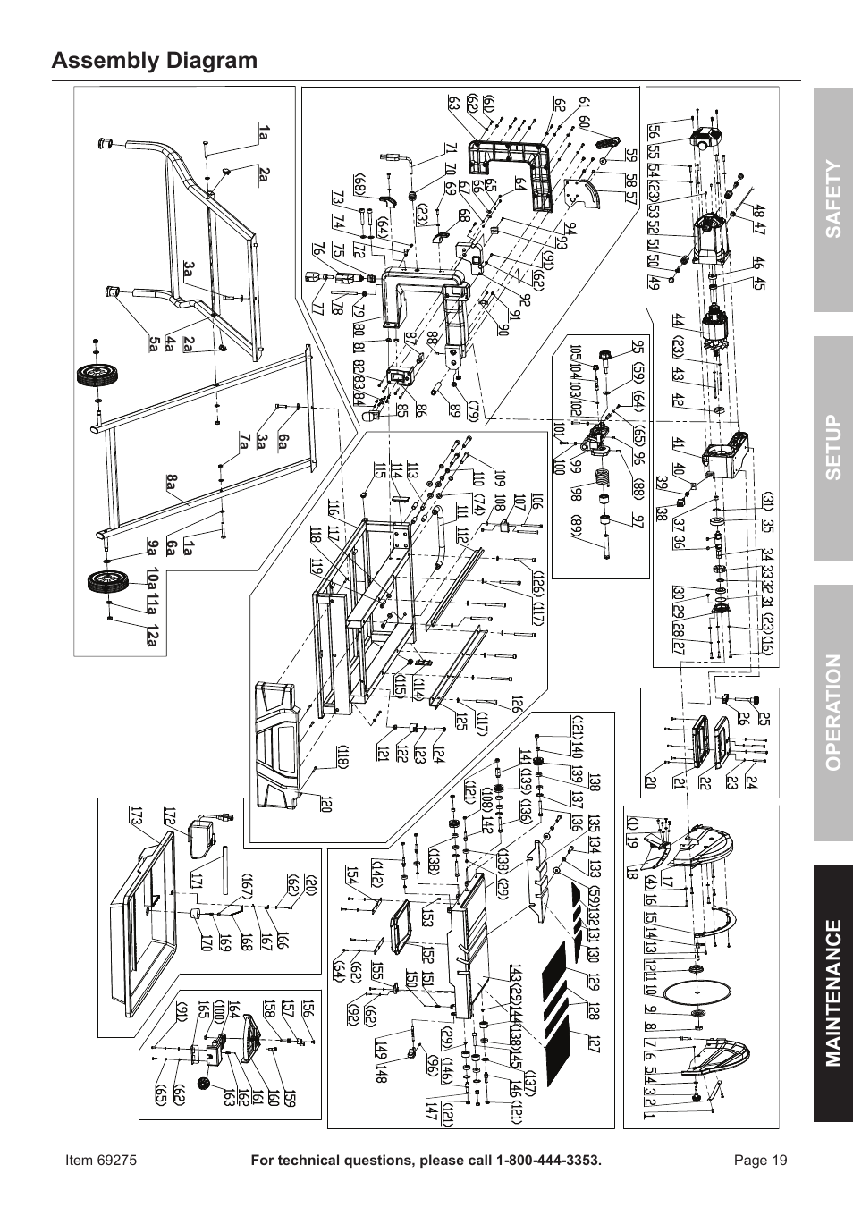 Assembly diagram, Safety opera tion maintenance setup | Chicago Electric 10" Industrial Tile/Brick Saw 69275 User Manual | Page 19 / 20