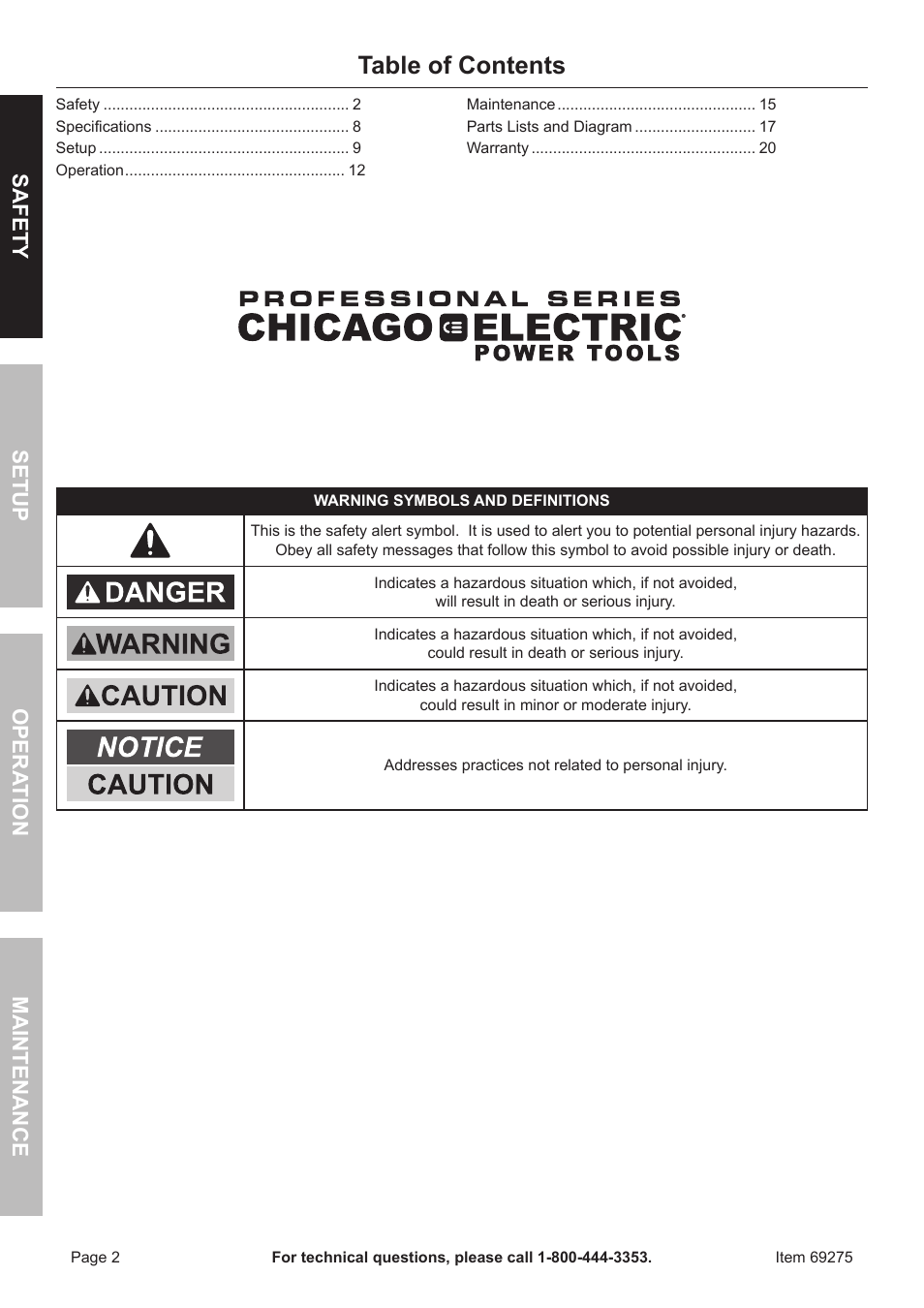 Chicago Electric 10" Industrial Tile/Brick Saw 69275 User Manual | Page 2 / 20