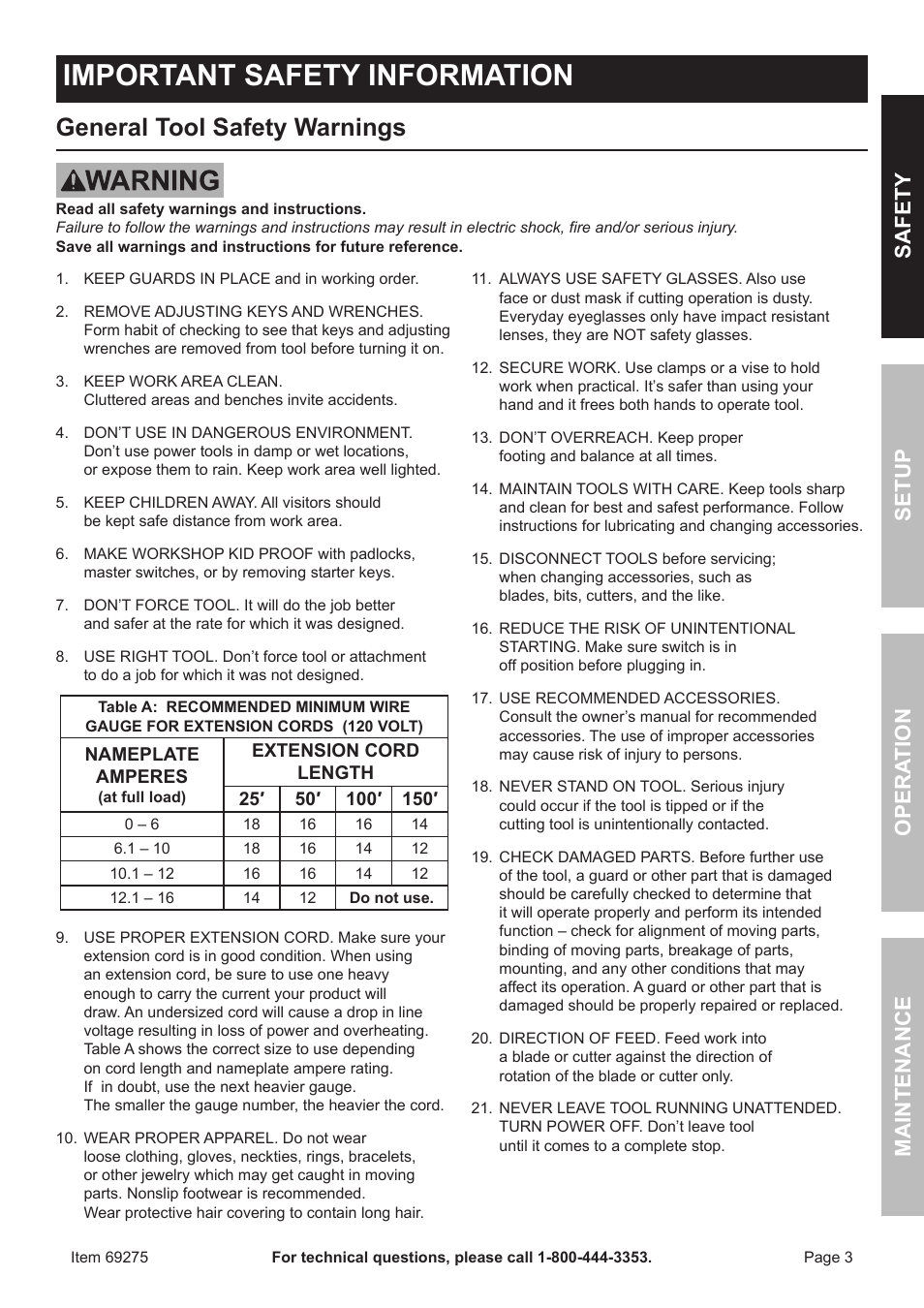 Important safety information, General tool safety warnings, Safety opera tion maintenance setup | Chicago Electric 10" Industrial Tile/Brick Saw 69275 User Manual | Page 3 / 20