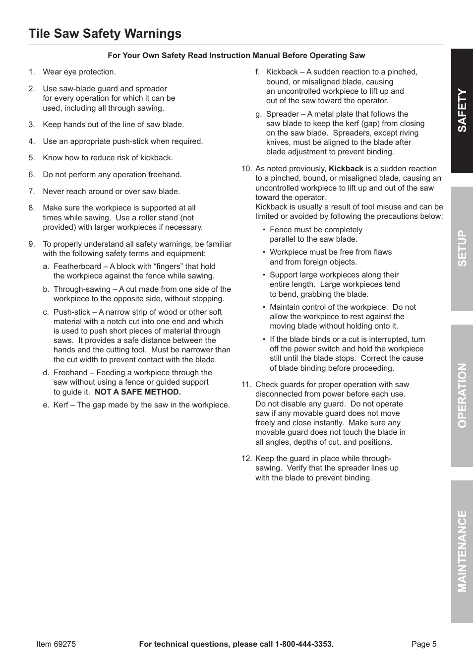 Tile saw safety warnings, Safety opera tion maintenance setup | Chicago Electric 10" Industrial Tile/Brick Saw 69275 User Manual | Page 5 / 20