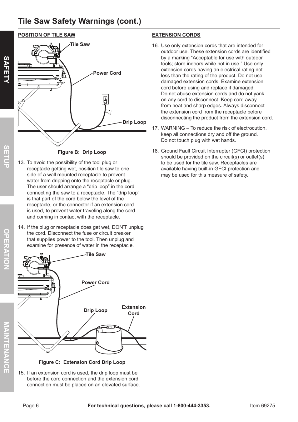 Tile saw safety warnings (cont.), Safety opera tion maintenance setup | Chicago Electric 10" Industrial Tile/Brick Saw 69275 User Manual | Page 6 / 20