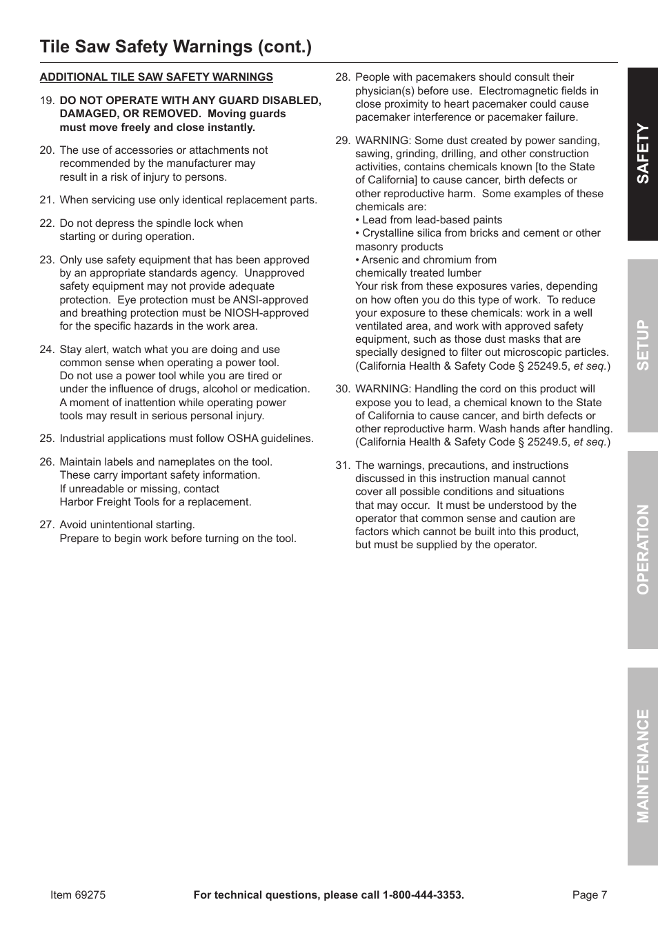 Tile saw safety warnings (cont.), Safety opera tion maintenance setup | Chicago Electric 10" Industrial Tile/Brick Saw 69275 User Manual | Page 7 / 20