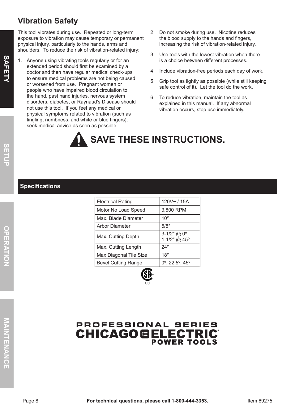 Save these instructions, Vibration safety, Safety opera tion maintenance setup | Chicago Electric 10" Industrial Tile/Brick Saw 69275 User Manual | Page 8 / 20