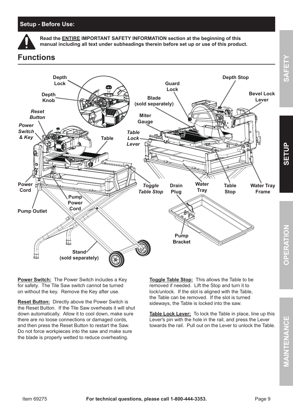 Functions, Safety opera tion maintenance setup | Chicago Electric 10" Industrial Tile/Brick Saw 69275 User Manual | Page 9 / 20