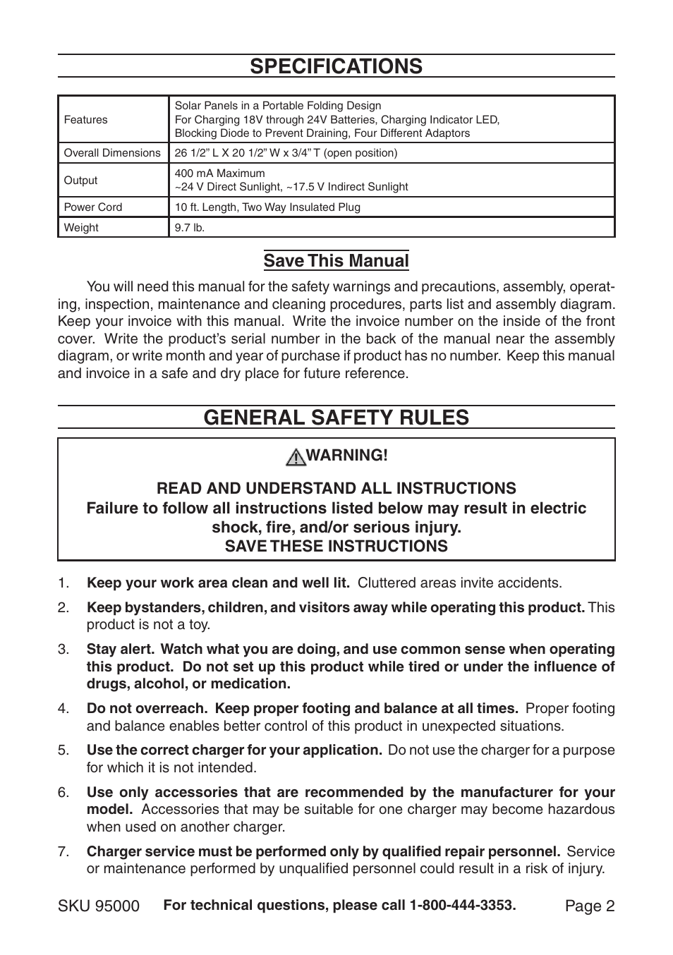 Specifications, General safety rules, Save this manual | Chicago Electric 95000 User Manual | Page 2 / 7