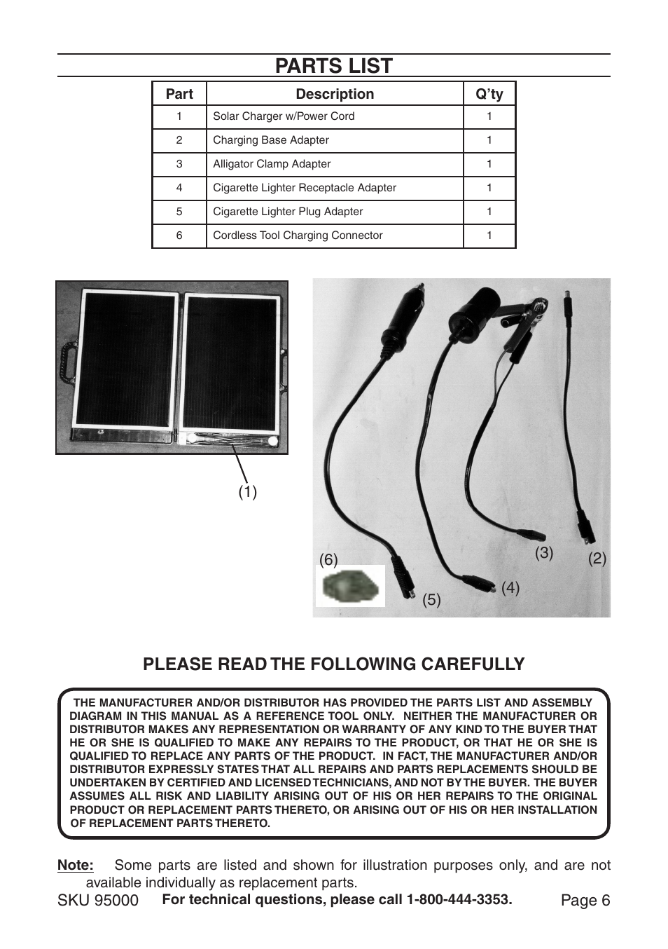 Parts list, Please read the following carefully | Chicago Electric 95000 User Manual | Page 6 / 7