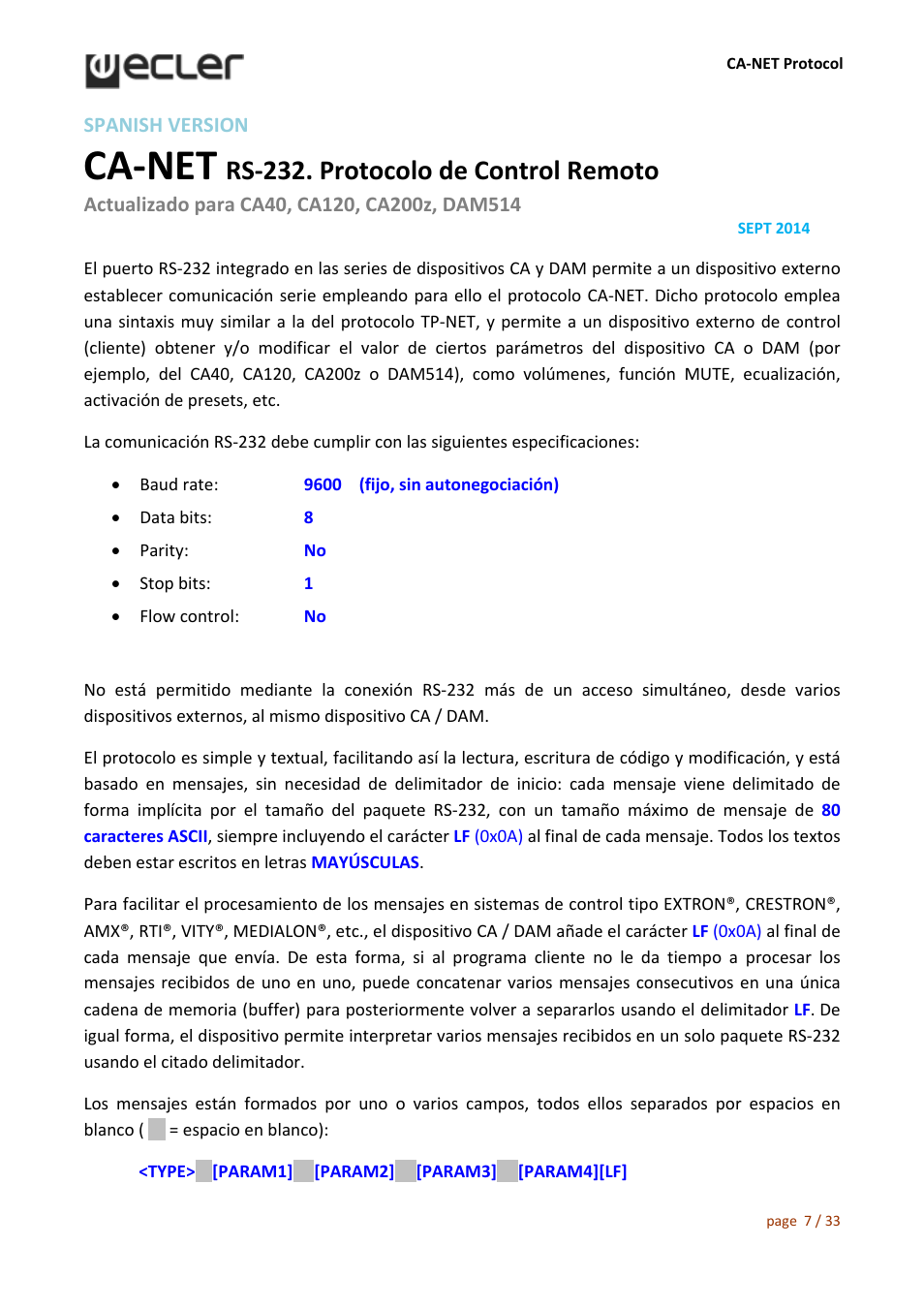 Ca‐net, Rs‐232. protocolo de control remoto | Ecler CA‐NET User Manual | Page 7 / 33