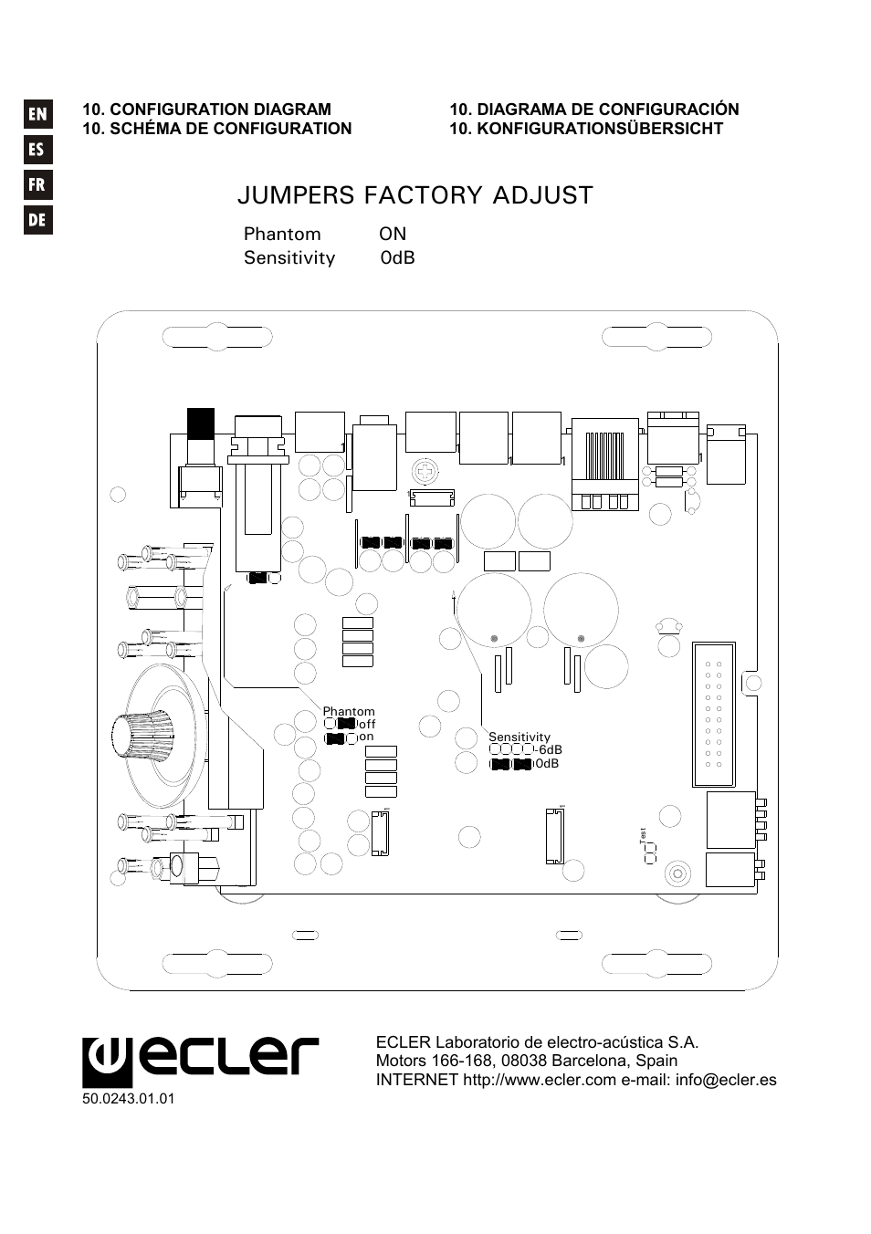 Jumpers factory adjust, Sensitivity 0db phantom on | Ecler CA40 User Manual | Page 52 / 52