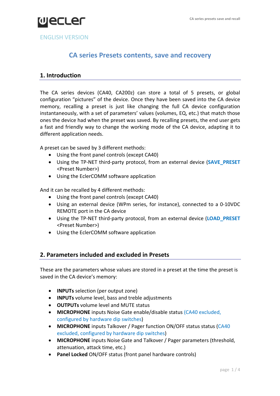 Ecler CA series User Manual | 4 pages