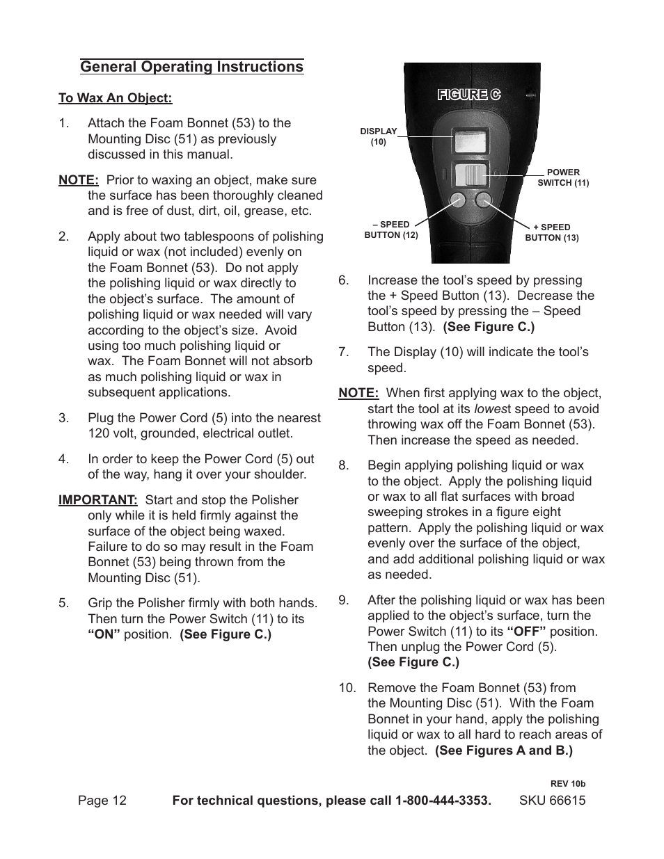 General operating instructions | Chicago Electric 7" Electronic Polisher 66615 User Manual | Page 12 / 18