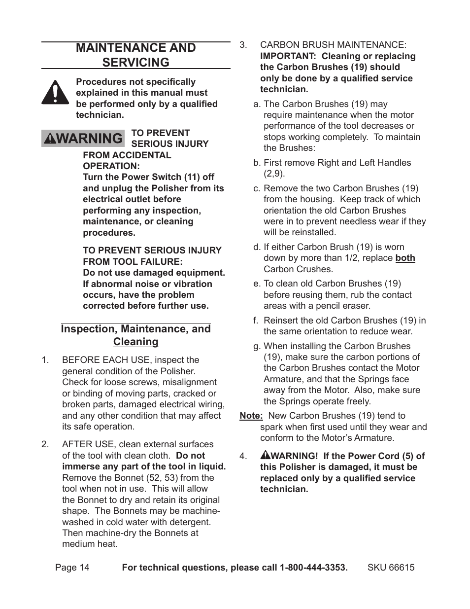 Maintenance and servicing | Chicago Electric 7" Electronic Polisher 66615 User Manual | Page 14 / 18