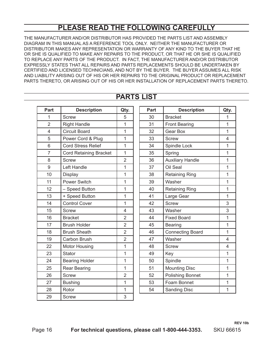 Please read the following carefully, Parts list | Chicago Electric 7" Electronic Polisher 66615 User Manual | Page 16 / 18