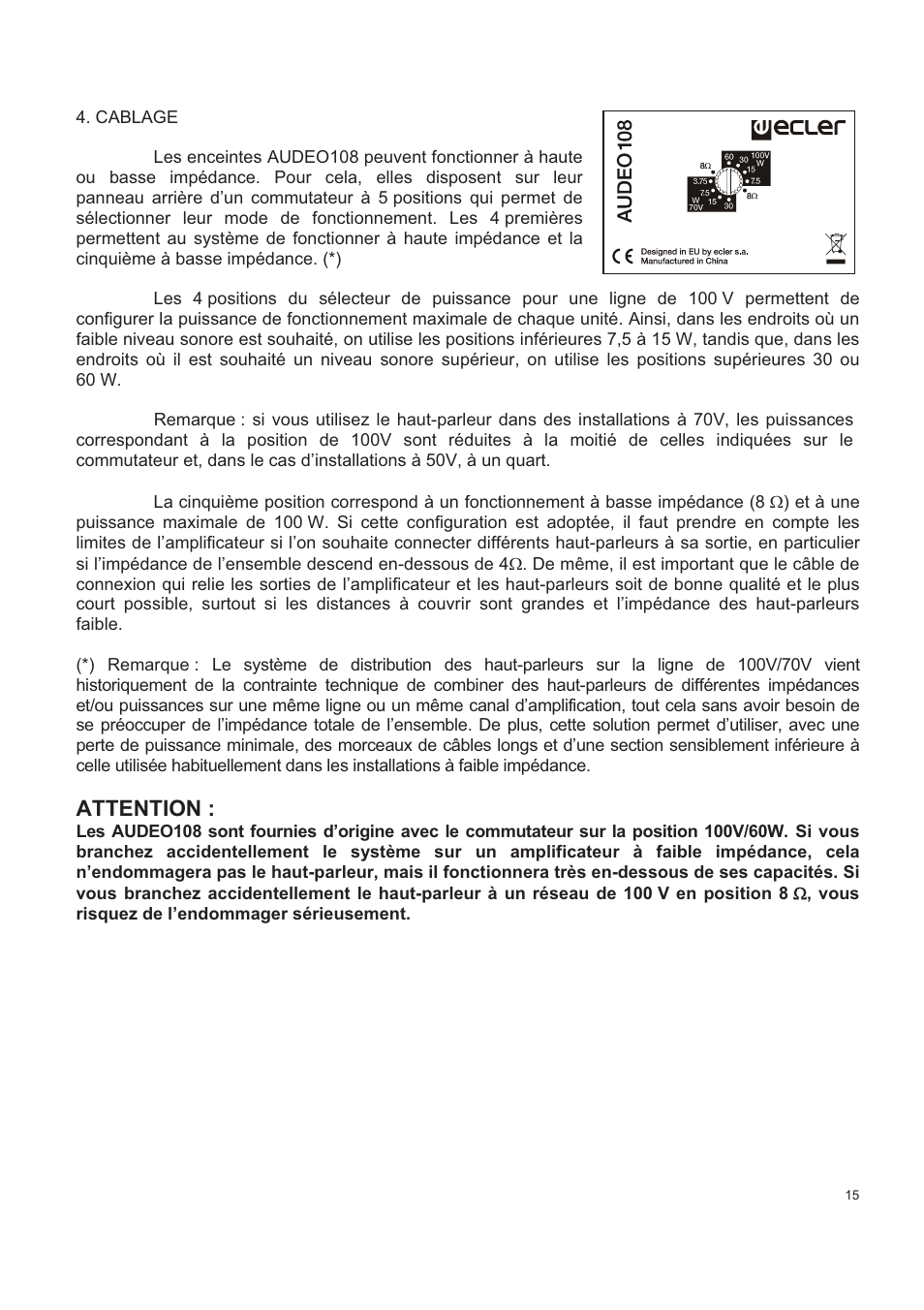 Attention | Ecler AUDEO108 User Manual | Page 15 / 24