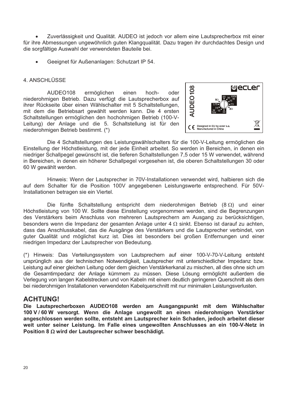 Achtung | Ecler AUDEO108 User Manual | Page 20 / 24