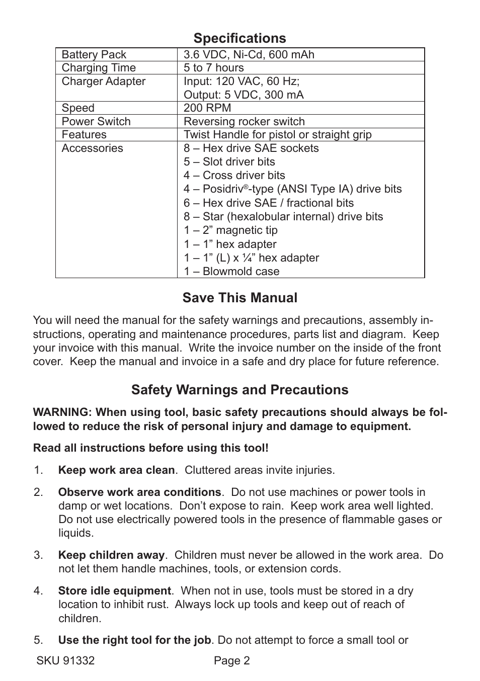 Specifications, Save this manual, Safety warnings and precautions | Chicago Electric 91332 User Manual | Page 2 / 8