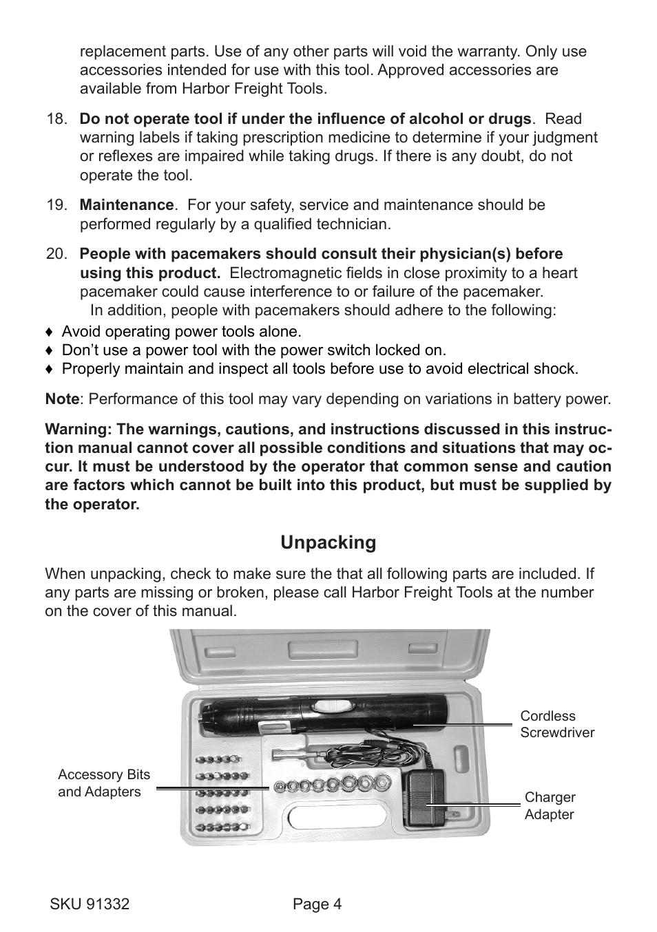 Unpacking | Chicago Electric 91332 User Manual | Page 4 / 8