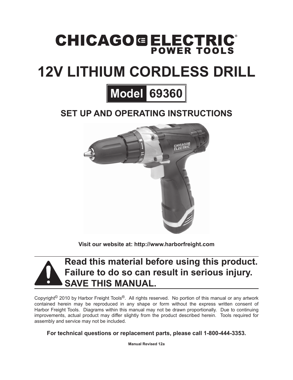 Chicago Electric 12V Lithium CordLess drill 69360 User Manual | 14 pages