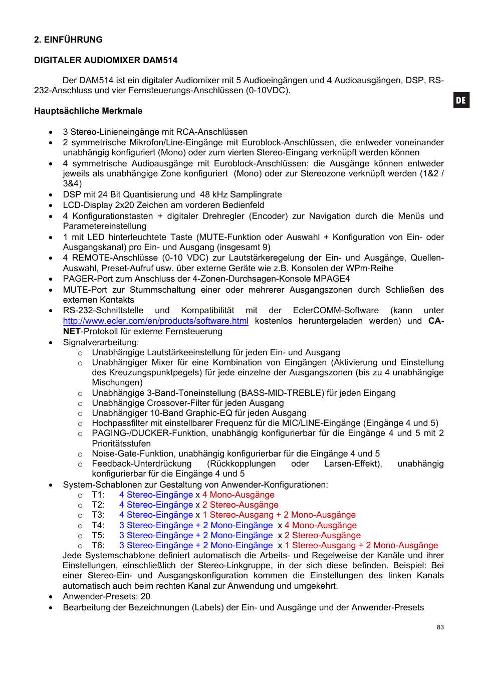 Ecler DAM514 User Manual | Page 83 / 110