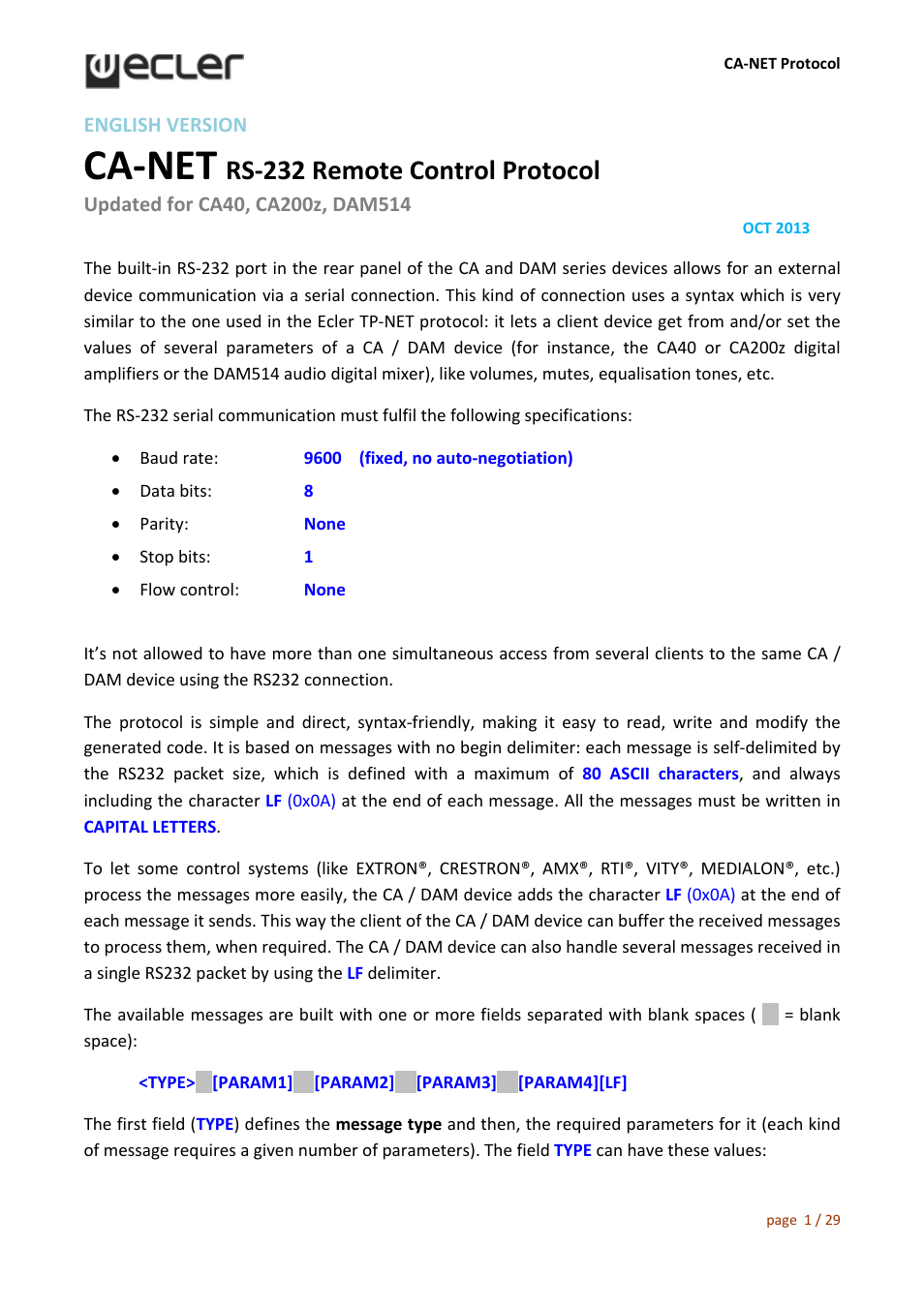 Ecler CA‐NET RS‐232 User Manual | 29 pages