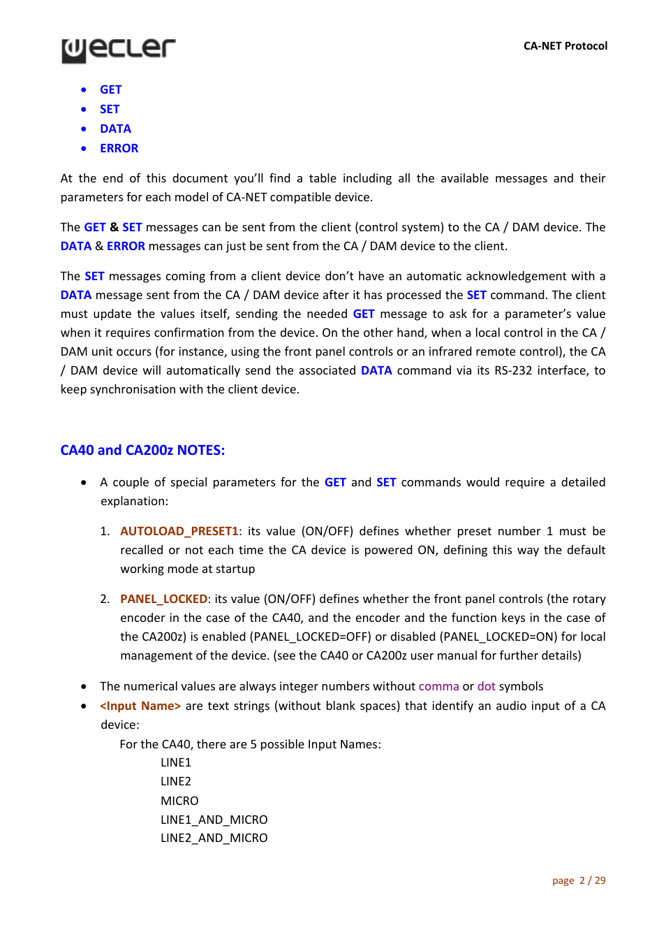 Ecler CA‐NET RS‐232 User Manual | Page 2 / 29