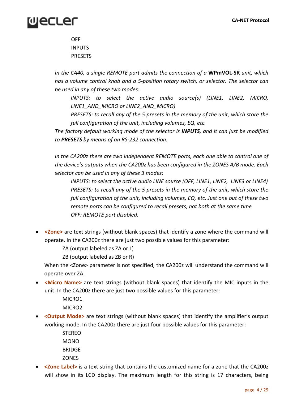 Ecler CA‐NET RS‐232 User Manual | Page 4 / 29