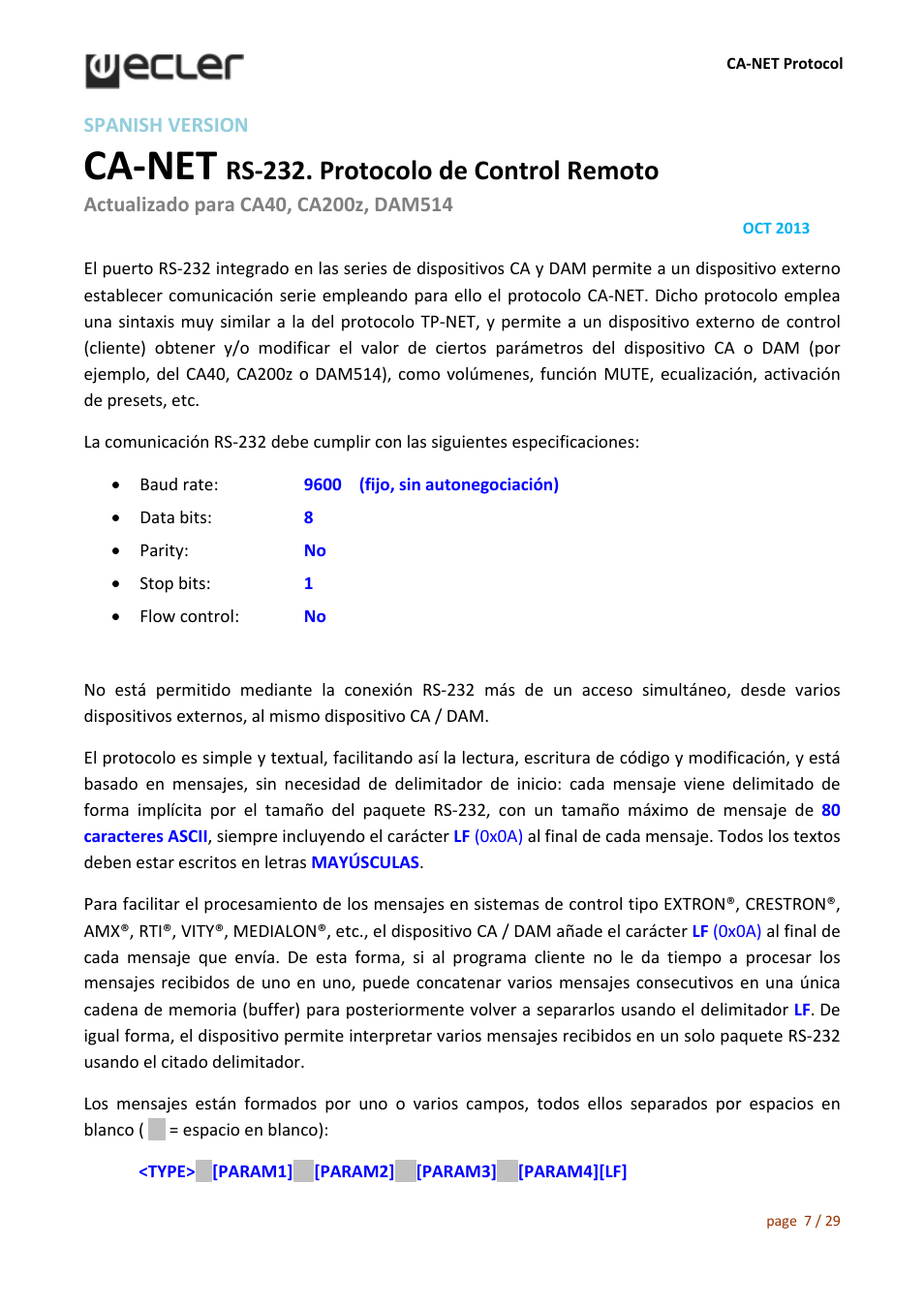 Ca‐net, Rs‐232. protocolo de control remoto | Ecler CA‐NET RS‐232 User Manual | Page 7 / 29