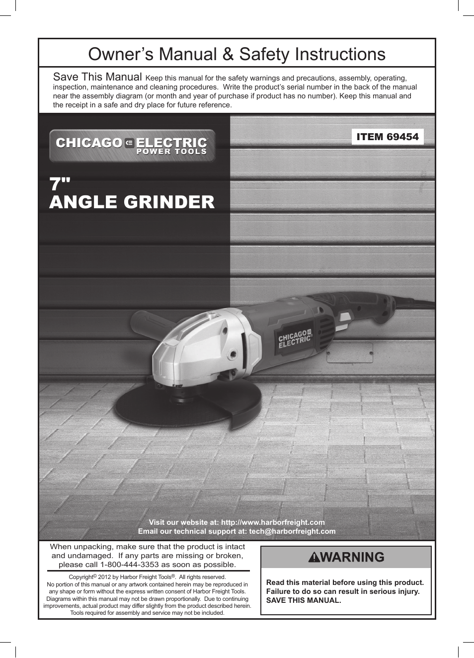 Chicago Electric 7" Angle Grinder 69454 User Manual | 20 pages