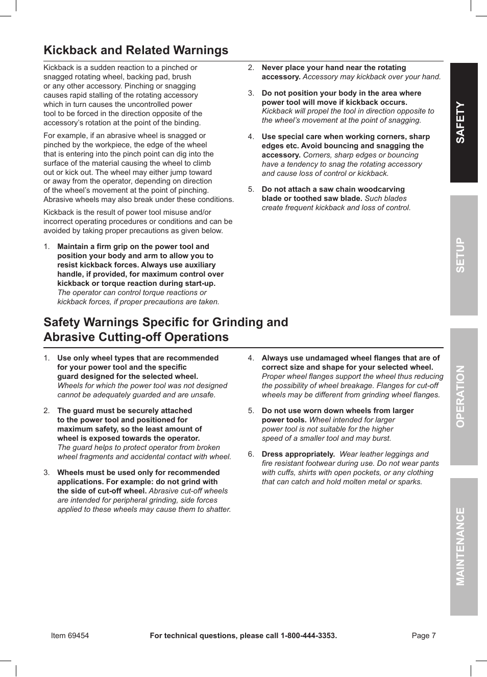 Kickback and related warnings | Chicago Electric 7" Angle Grinder 69454 User Manual | Page 7 / 20