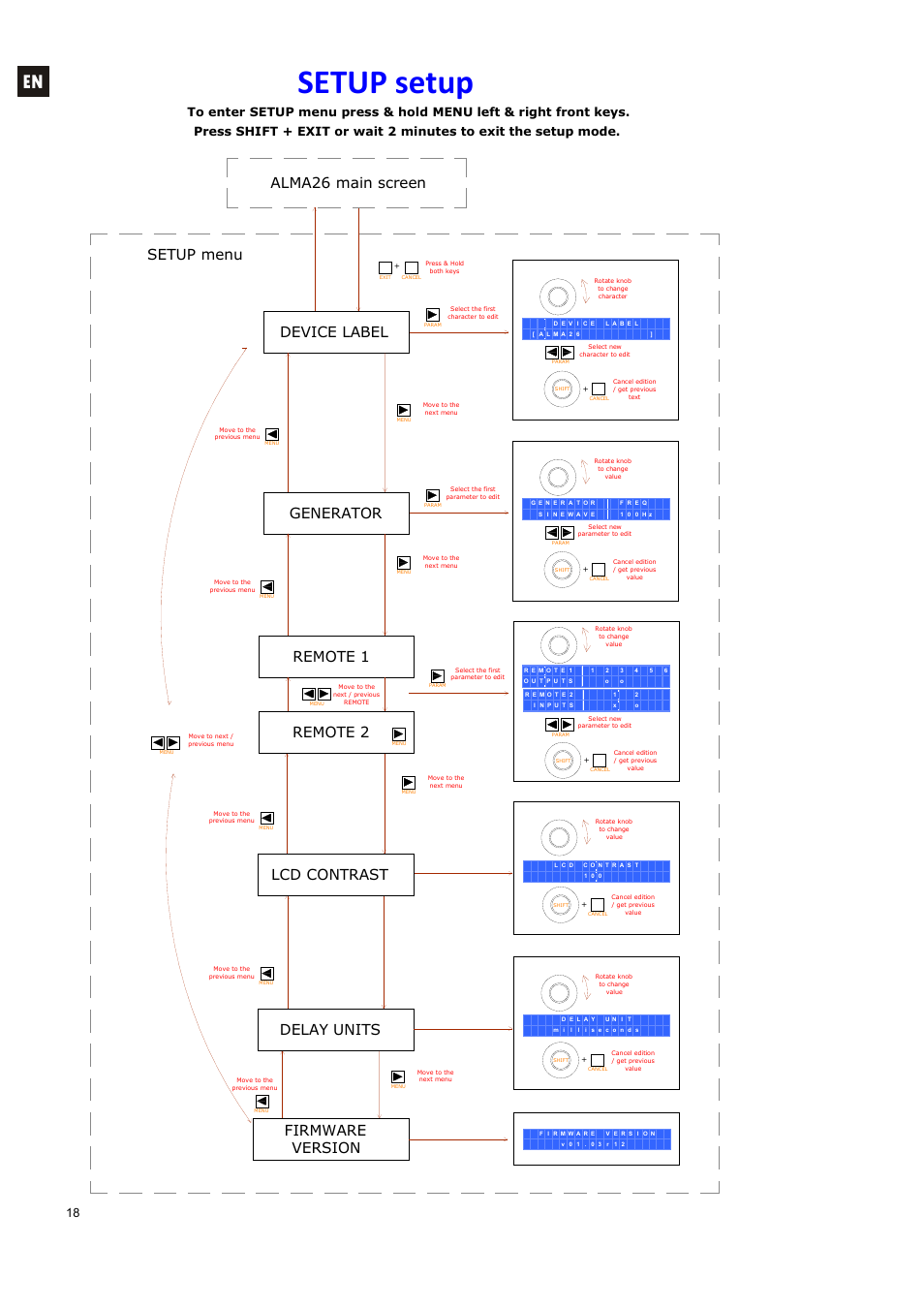 Setup setup, Device label, Firmware version | Remote 2, Delay units, Generator, Setup menu alma26 main screen, Remote 1, Lcd contrast | Ecler ALMA26 User Manual | Page 18 / 82