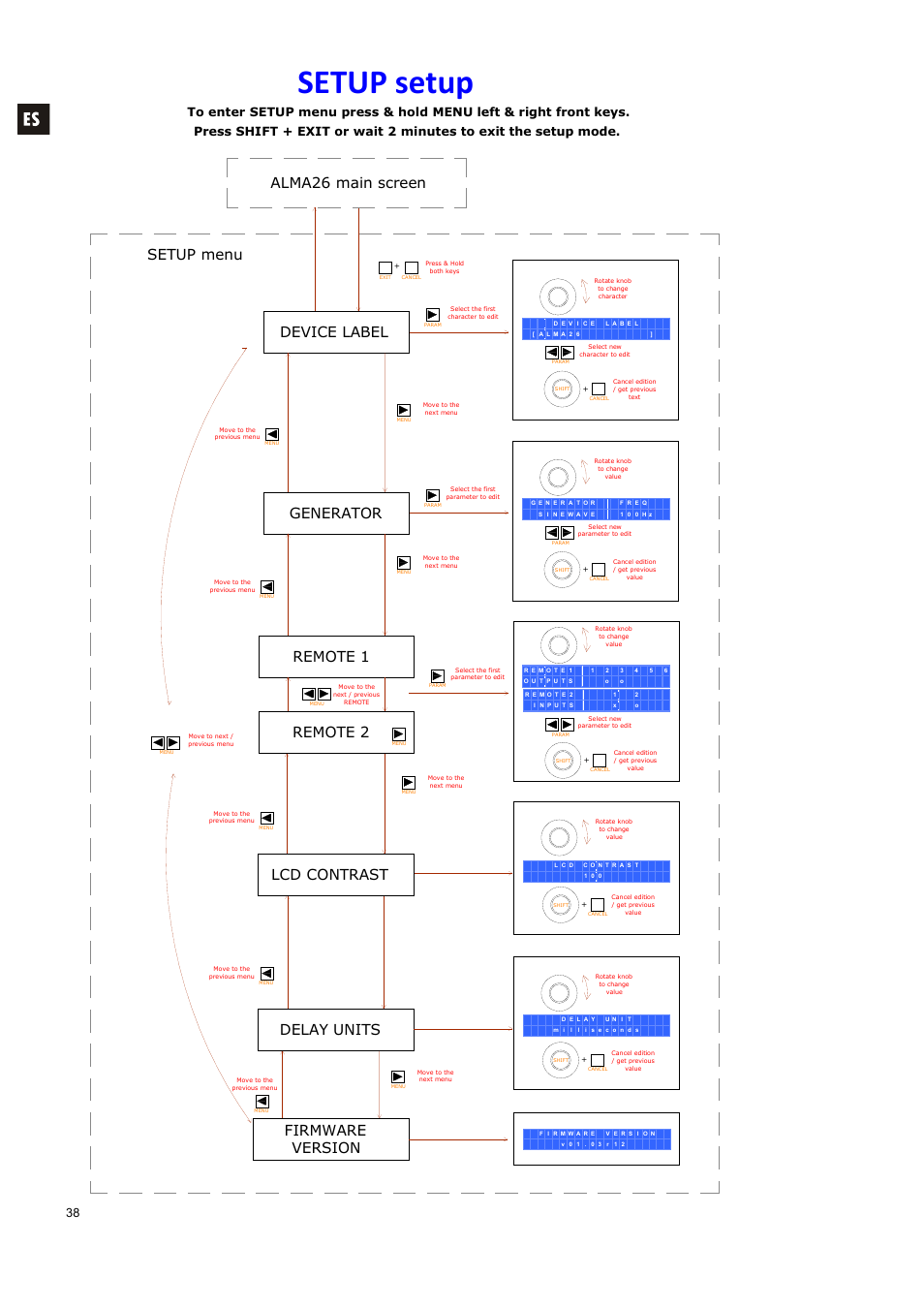 Setup setup, Device label, Firmware version | Remote 2, Delay units, Generator, Setup menu alma26 main screen, Remote 1, Lcd contrast | Ecler ALMA26 User Manual | Page 38 / 82