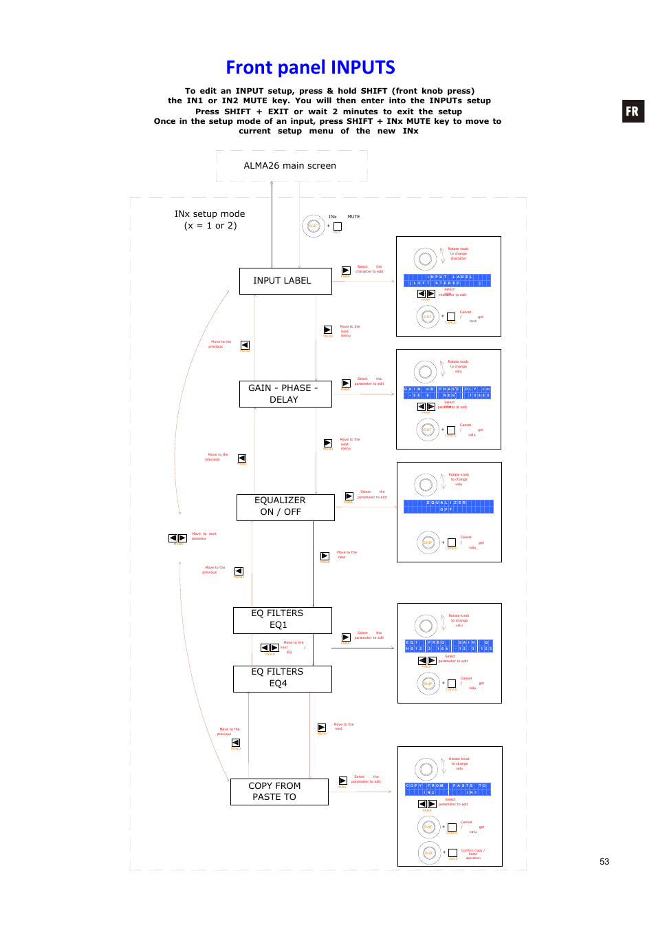 Front panel inputs, Input label, Gain - phase - delay | Inx setup mode, X = 1 or 2), Alma26 main screen, Equalizer on / off, Eq filters eq1, Eq filters eq4, Copy from paste to | Ecler ALMA26 User Manual | Page 53 / 82