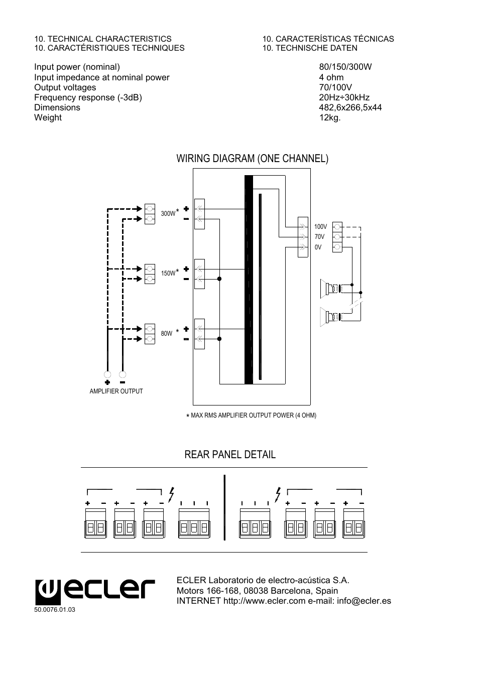 Wiring diagram (one channel), Rear panel detail | Ecler DLA600 User Manual | Page 8 / 8